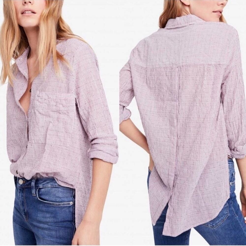 FREE PEOPLE Women's No Limits Split Back Magenta White Striped Shirt